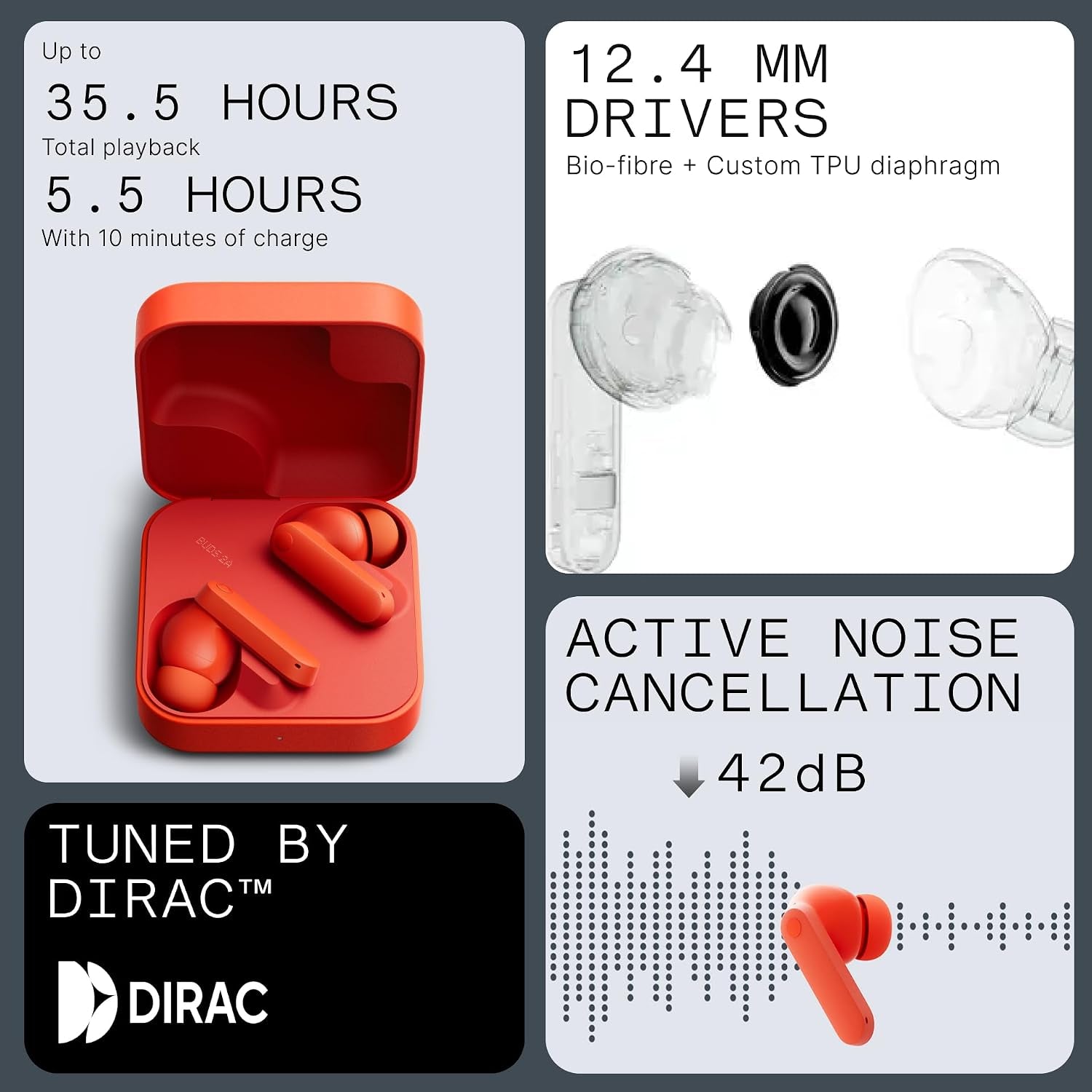 CMF Buds 2A Wireless Earbuds Active Noise Cancelling 42Db Hybrid ANC Bluetooth Headphones, 12.4Mm Dynamic Driver for Big Bass, 4 Mics Clear Calls, Sport Ear Buds for Iphone, Android, Orange