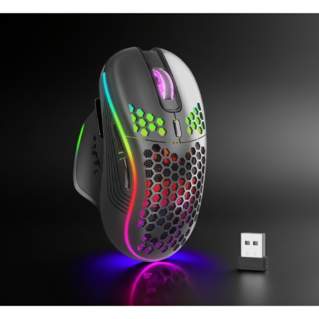 2.4G Wireless Mouse with RGB Backlit 6-Button 3-Speed DPI Type C Rechargeable Ergonomic Honeycomb Design Gaming Mouse